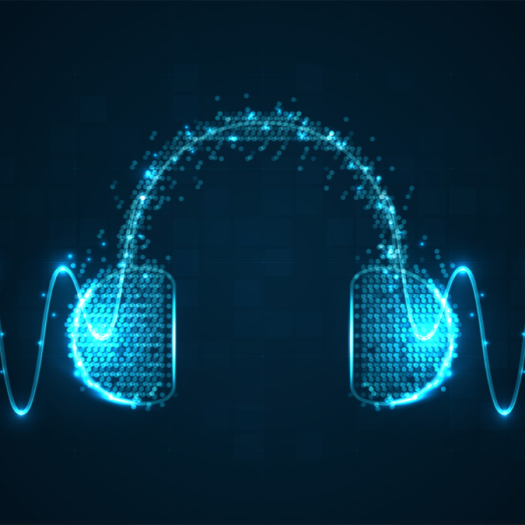 An abstract illustration of headphones emanating sound waves in blue, against a black background.
