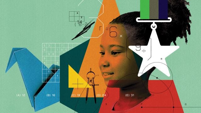 Collage of image of child among geometric shapes and math algorithms