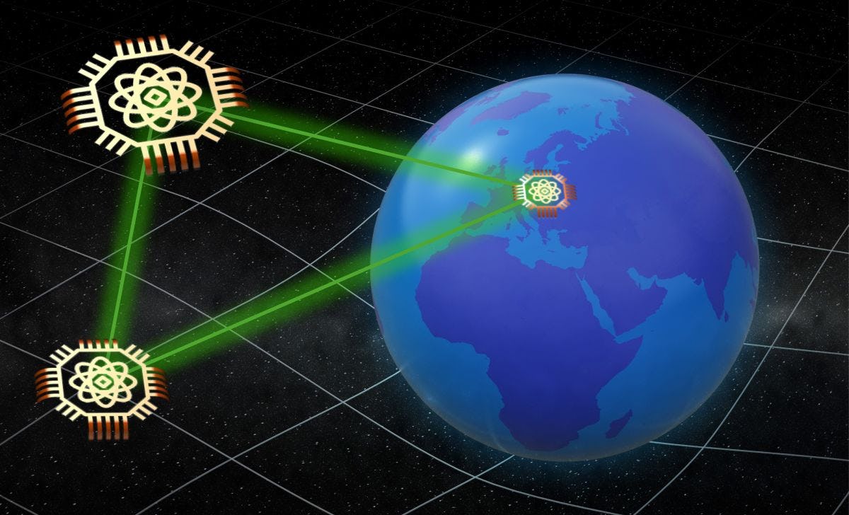 An illustration of the earth from space with three points in space above it connected by green lasers to make a triangle