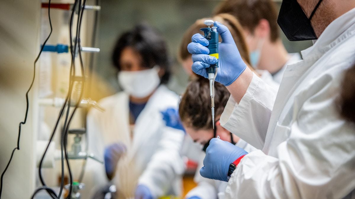Several students in lab coats wearing blue gloves handle pipettes in a chemistry laboratory