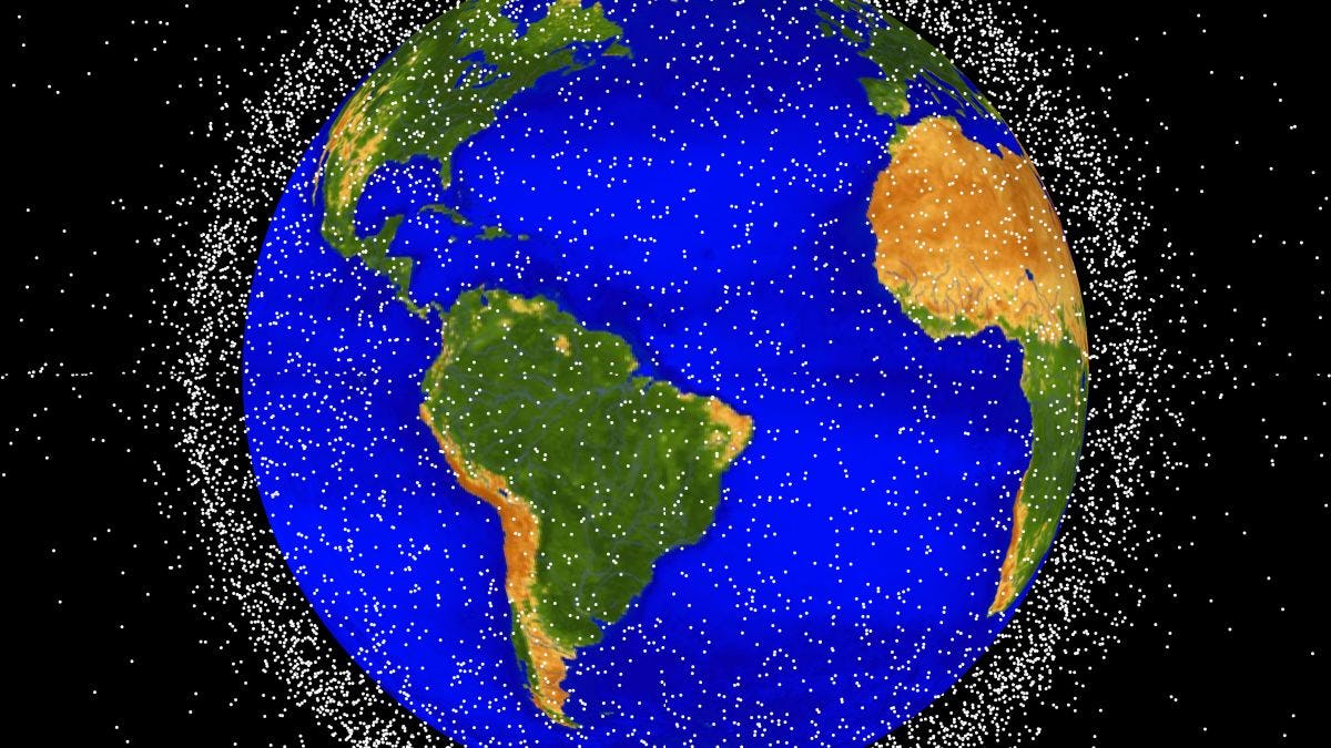 A computer-generated map of the location of space debris in Earth's lower orbit.