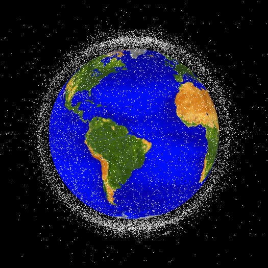 A computer-generated map of the location of space debris in Earth's lower orbit.