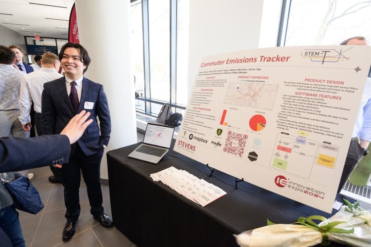Justin Chen presents his team's Commuter Emissions Tracker tool during the 2024 Innovation Expo at Stevens.