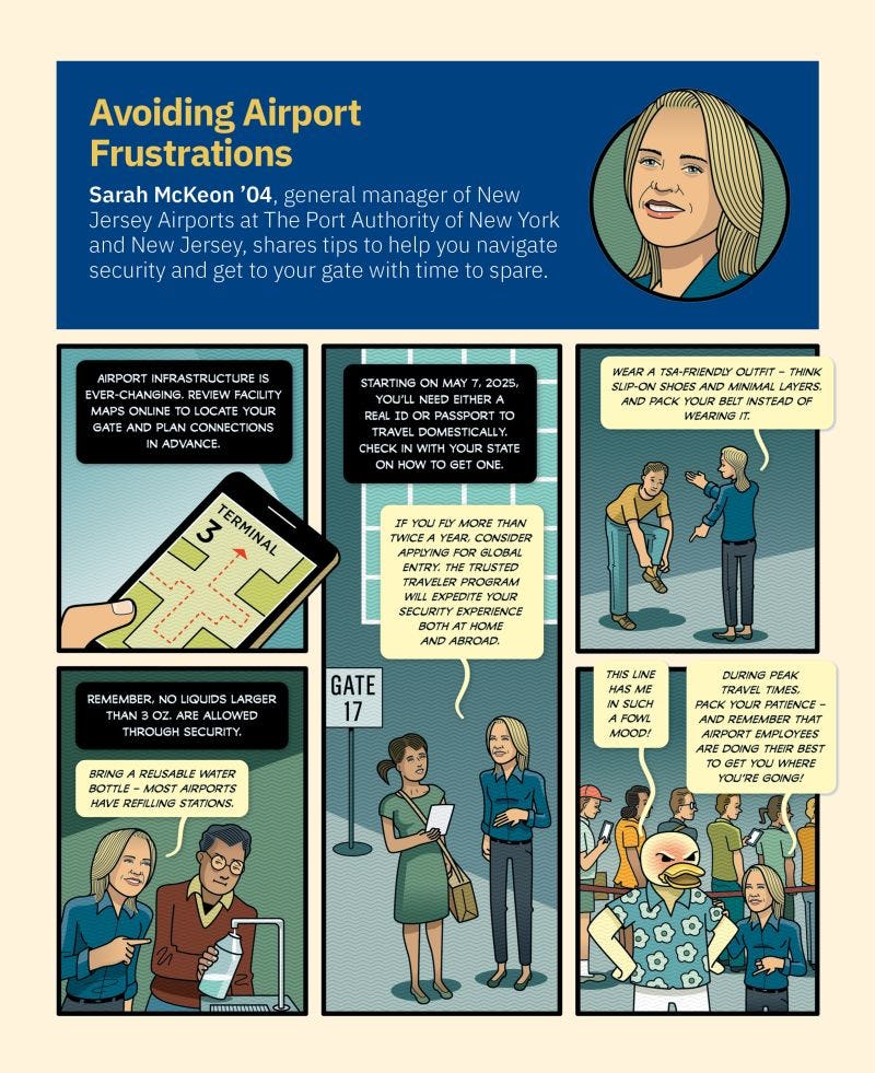 Cartoon panels illustrating how to avoid airport frustrations