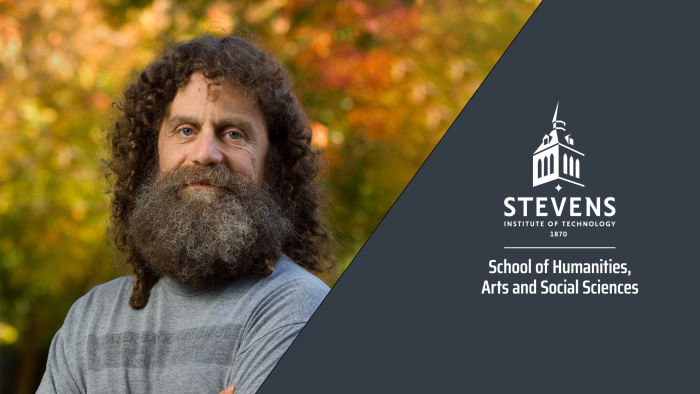 Event banner with Robert Sapolsky shown, and the logo for the Stevens Institute of Technology 1870 School of Humanities, Arts and Social Sciences