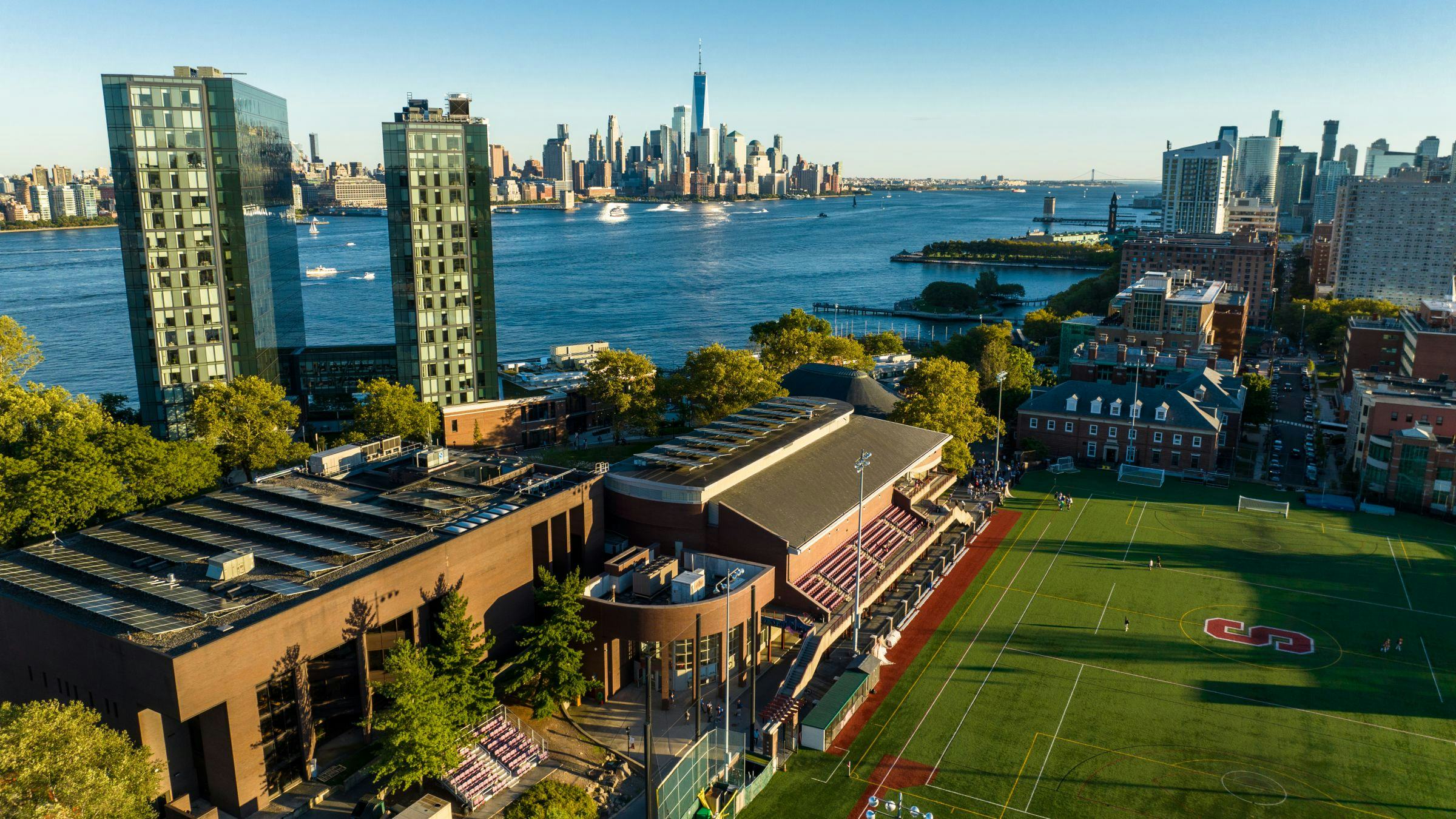 aerial shot of Stevens campus with skyline