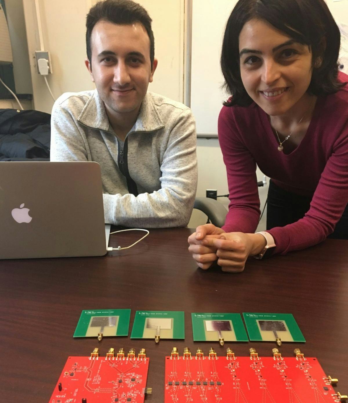 Professor Negar Tavassolian and graduate student Mehrdad Nosrati with sensors