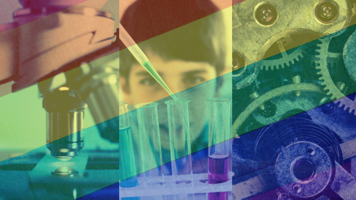 A rainbow collage of engineering and science images