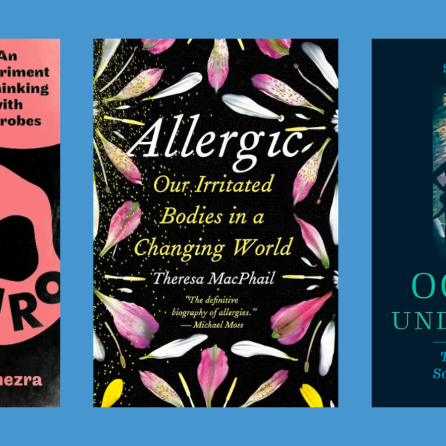Three Book Covers: 'Gut Anthro: An Experiment in Thinking with Microbes,' by Amber Benezra, 'Allergic: Our Irritated Bodies in a Changing World," by Theresa MacPhail, and 