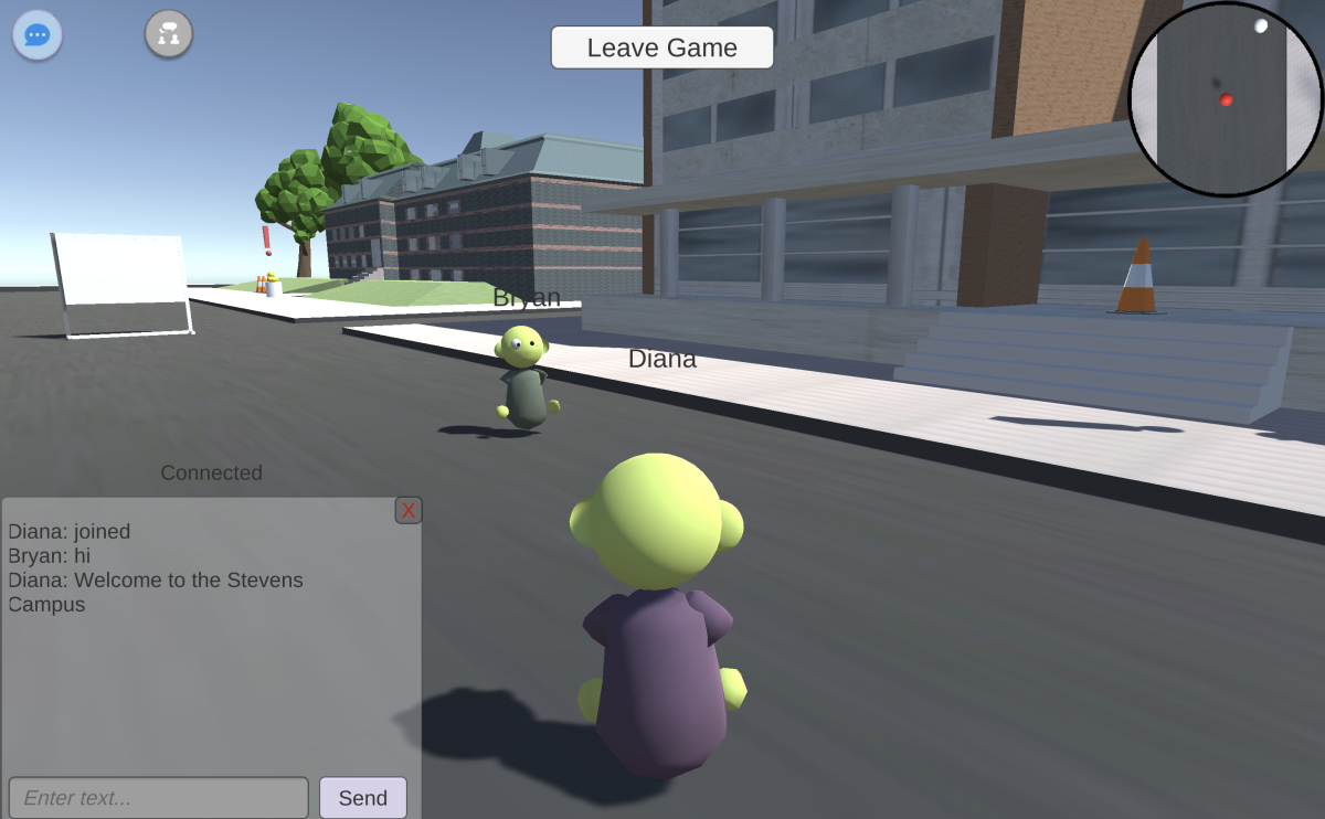 A screenshot of Imagication, in which virtual players representing students on a campus interact via chat feature