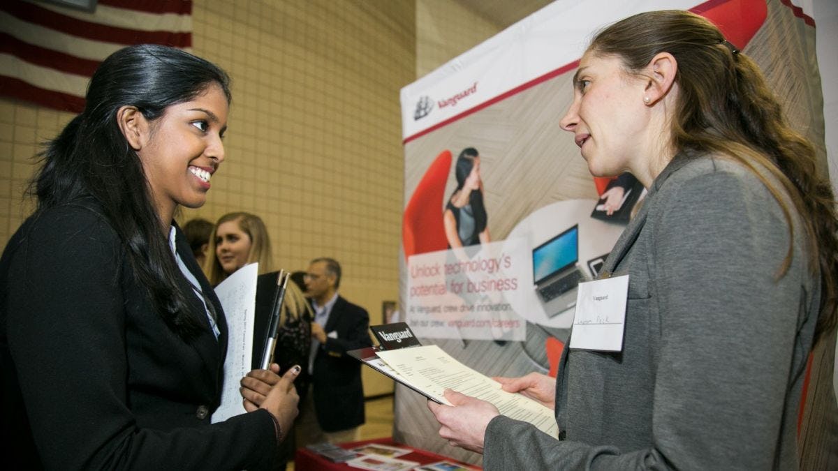 A Stevens student meets with a recruiter at a 2017 career fair