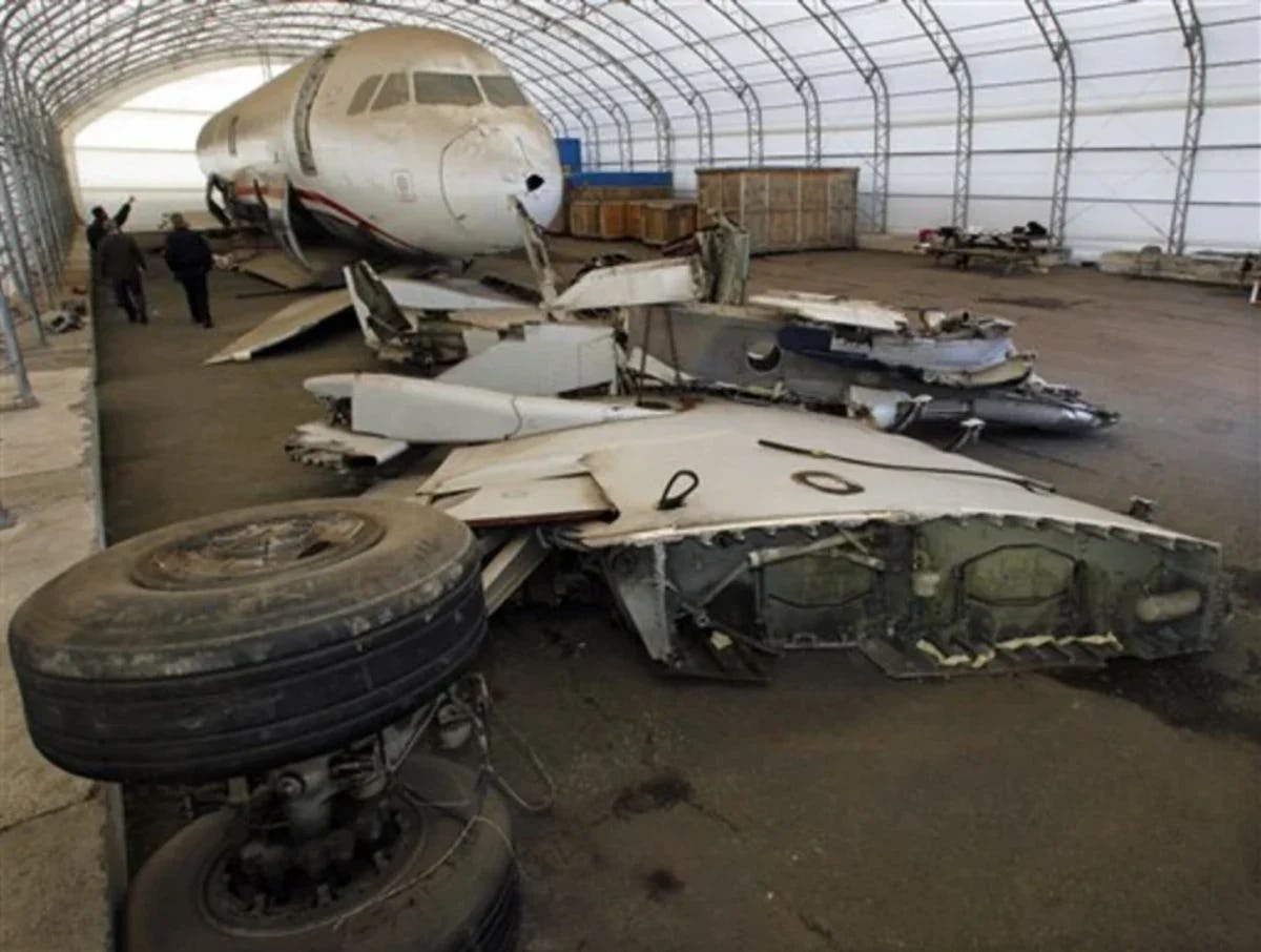 US Airways Flight 1549 recovered wreckage sitting in a warehouse