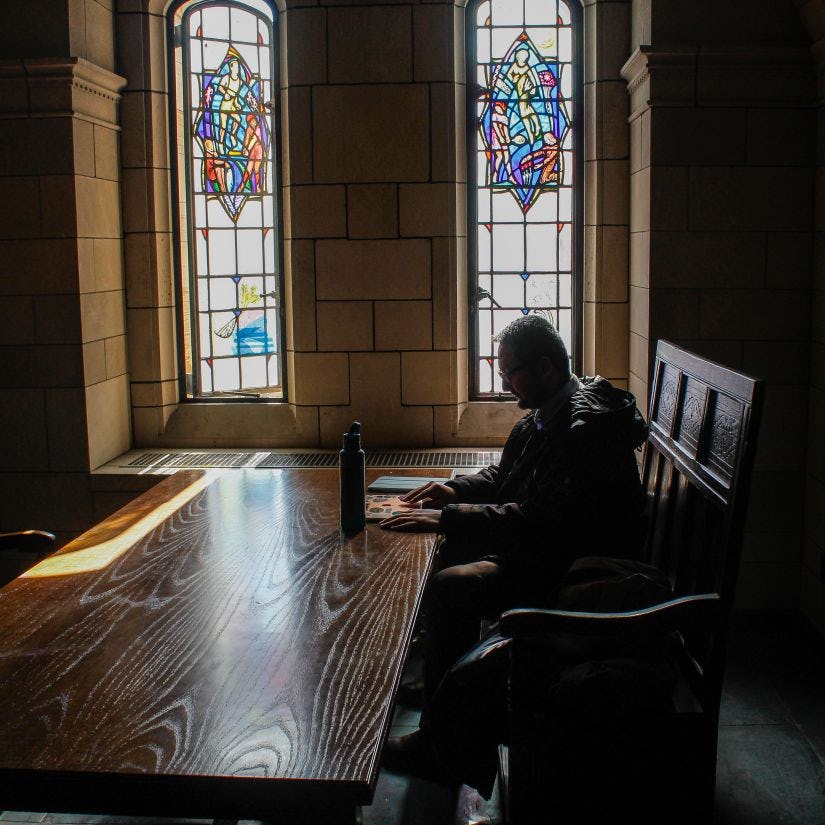 Mohammad Hassany M.S. ’20 inside the Cathedral of Learning at the University of Pittsburgh, where he’s a Ph.D. student in information science.  