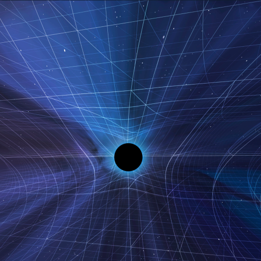 Against a background of stars, a black sun or planet glows blue, surrounded by geometric and curved lines radiating from it at the center, representing the force of gravity