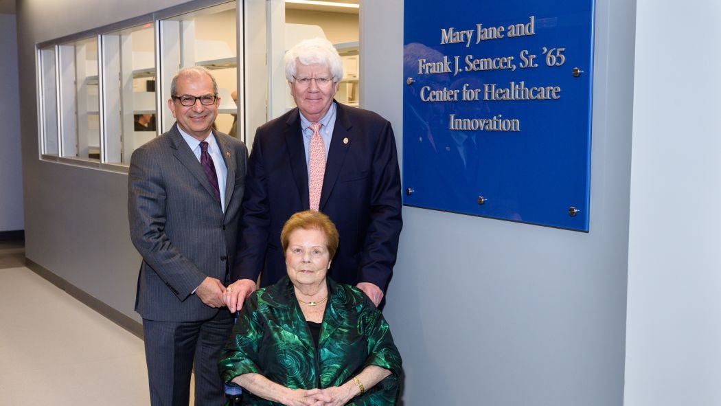 Stevens President Nariman Farvardin with CHI donors Frank Semcer '65 and Mary Jane Semcer