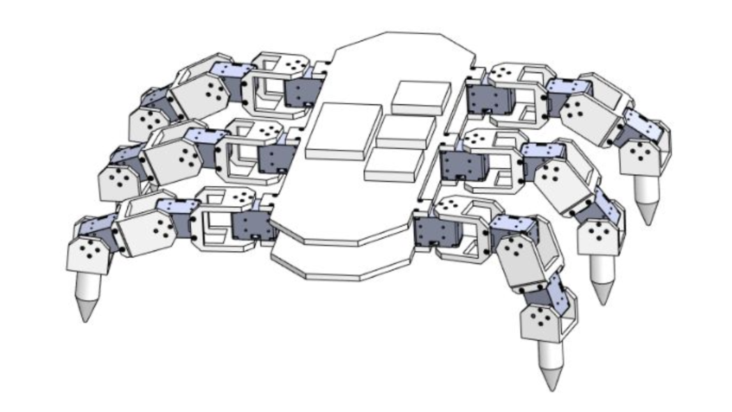 Illustration of a horizontal, crab-like robot designed by Stevens students to crawl through rough terrain and search for lost hikers