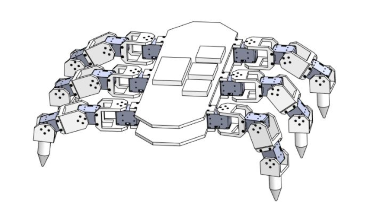 Illustration of a horizontal, crab-like robot designed by Stevens students to crawl through rough terrain and search for lost hikers