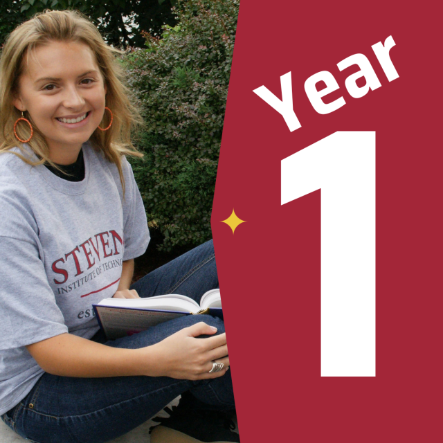 A female student in a Stevens t-shirt sitting with an open book next to a graphic that says year one.