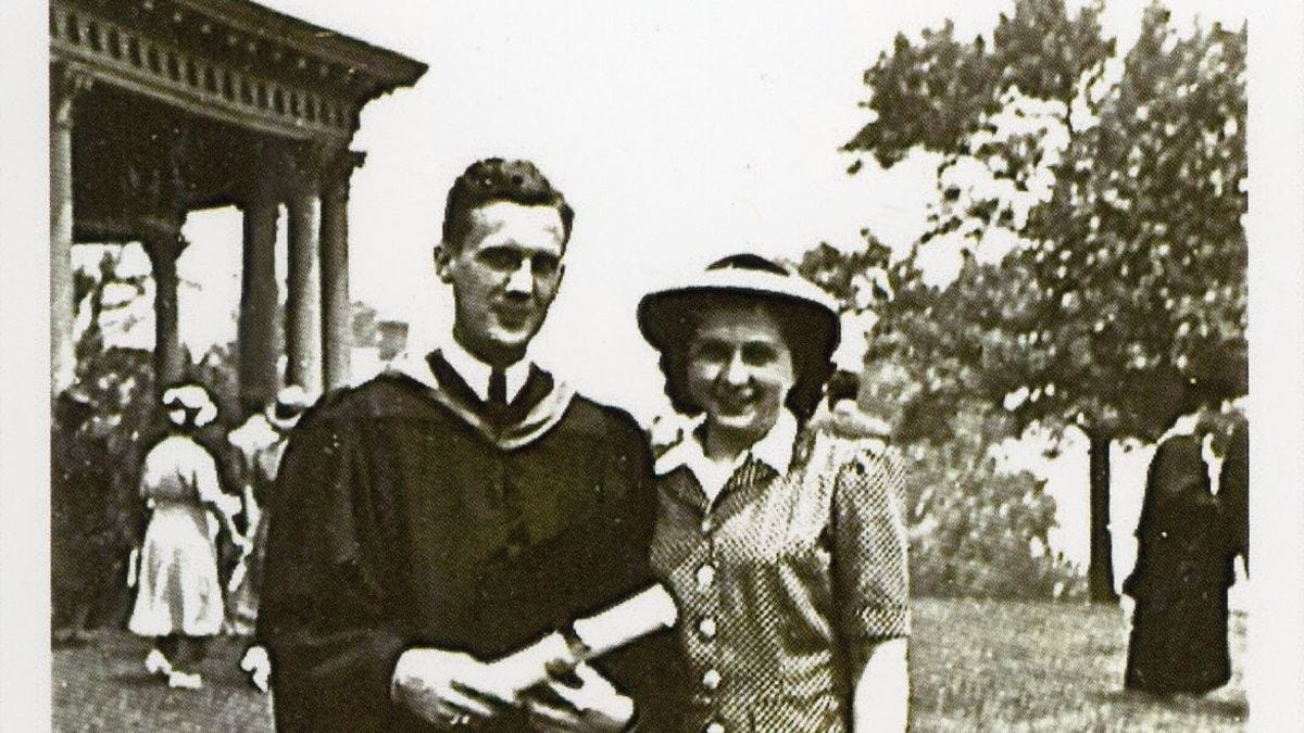 Black and white image of Edward Jedziniak on his graduation day with his future wife Helen