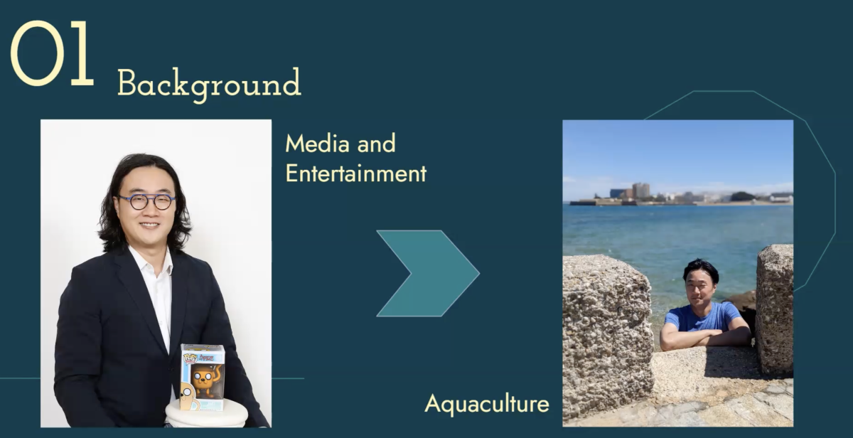 Two photos of Joshua Oh. The first representing his work in media. The second representing his work in aquaculture.