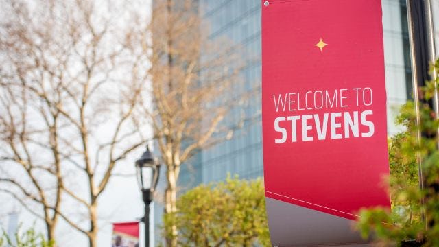 Welcome to Stevens red and gray banner with the University Center in the background