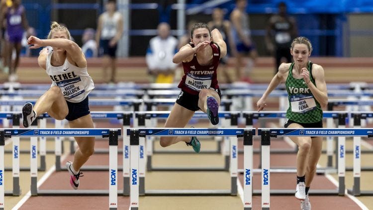 Stevens student-athlete Laura Mathews competing in indoor hurdles.