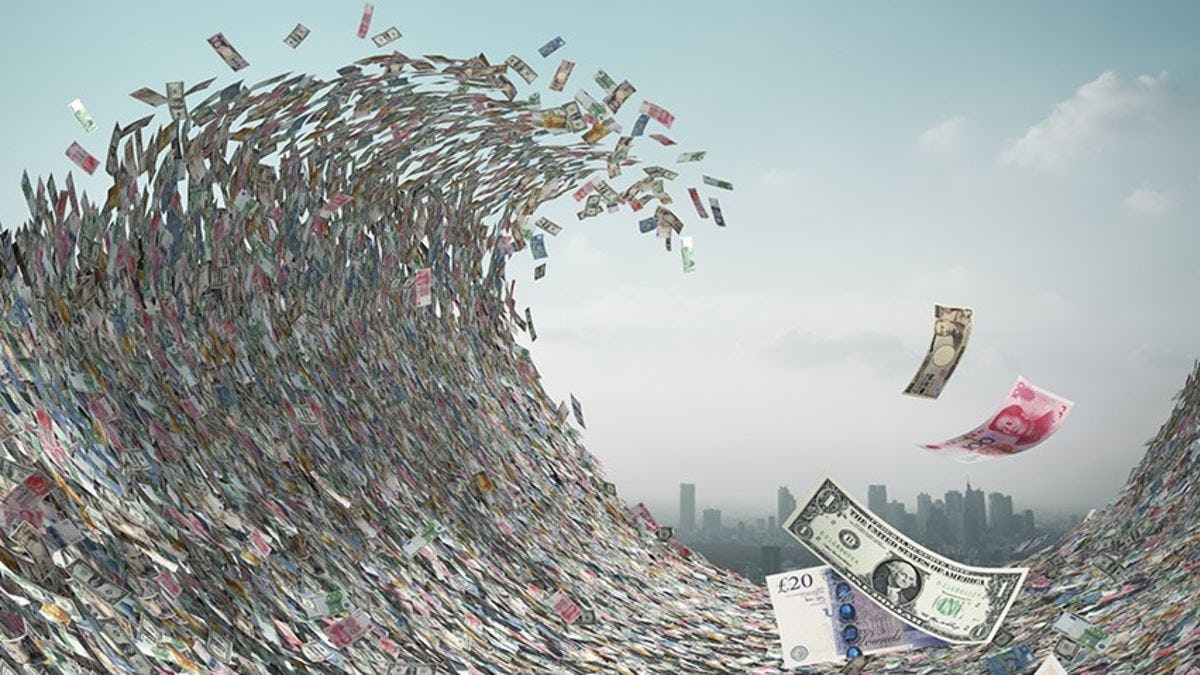 An illustration of a tidal wave of currencies crashing down on a city skyline.
