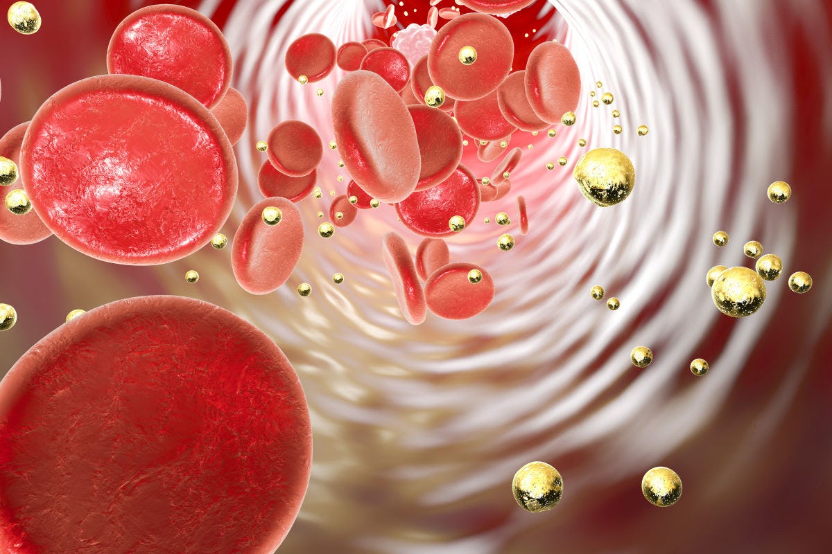 Illsutration of gold particles and red blood cells