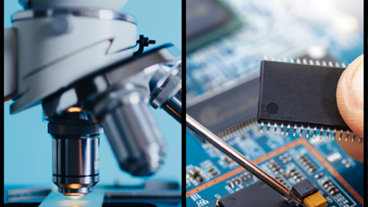 Photos of microscope and computer chips