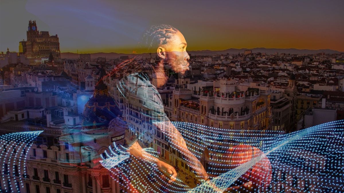 Photo montage of basketball player superimposed over image of city at twilight with an abstract swirl