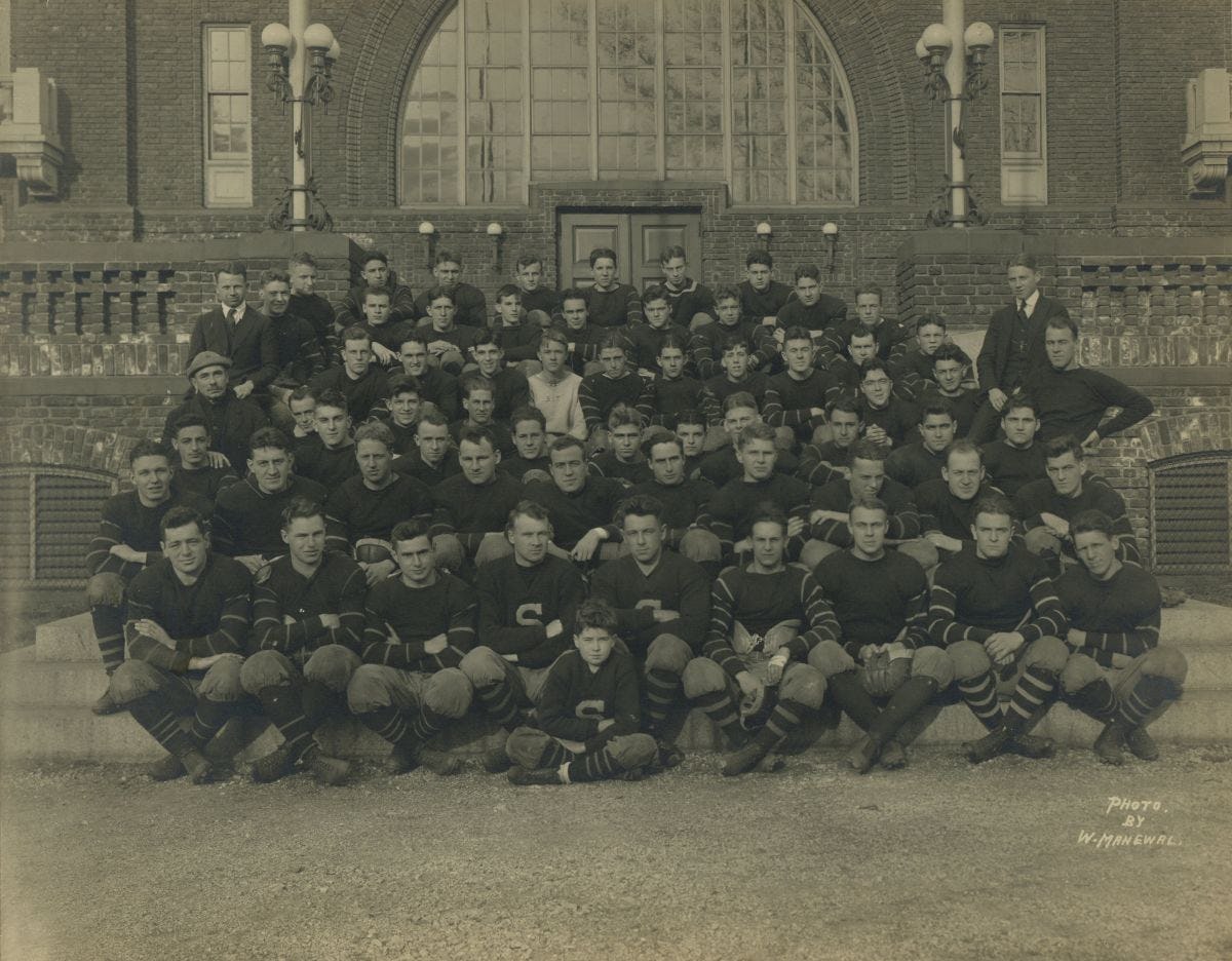 Group photo of about 50 members of 1919 Stevens Football Team