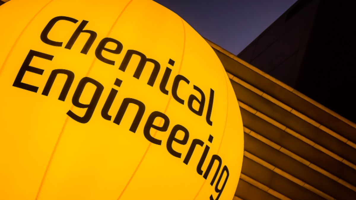 A photo of a lit sign that says chemical engineering