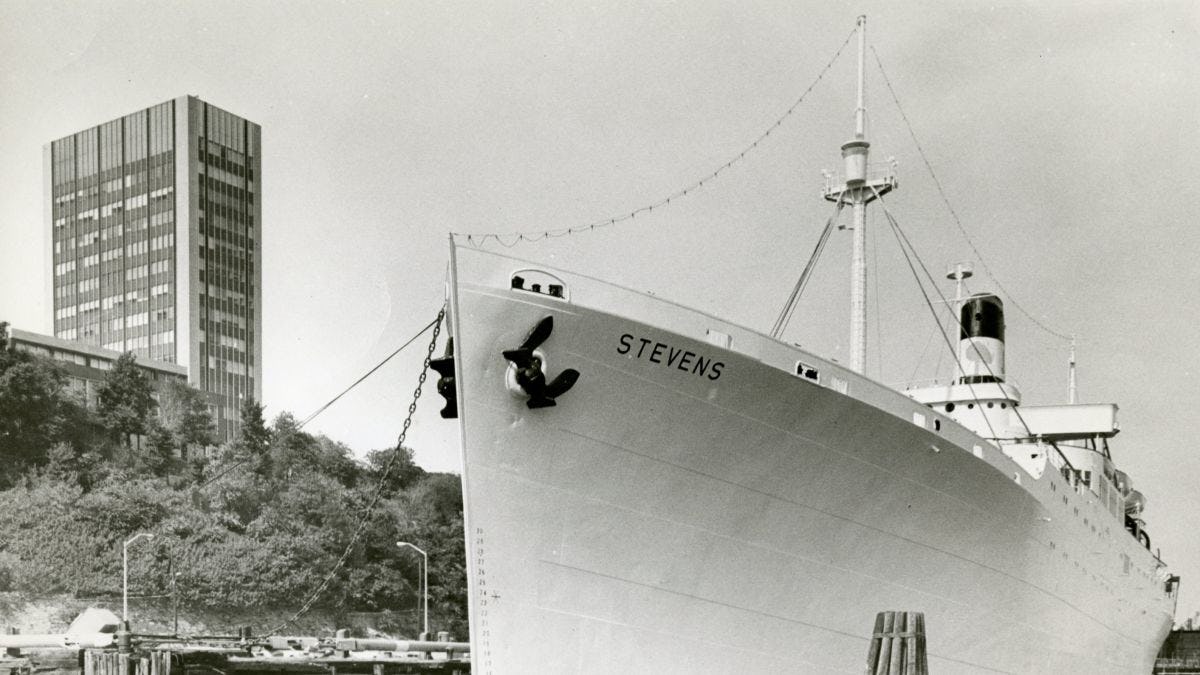 S.S. Stevens moored at Eighth Street Pier, seen from above in the 1970s.