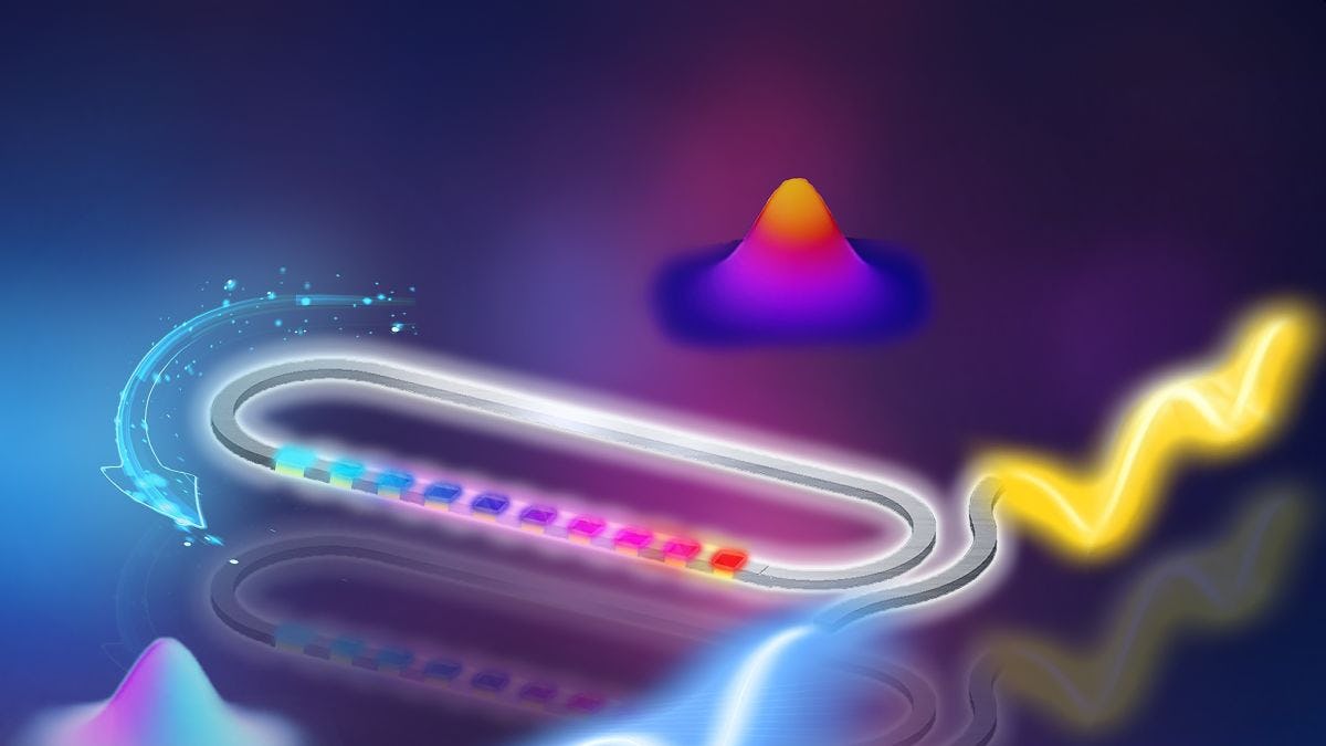 A stylized image of a racetrack depicting photons going around it, eventually interacting and changing wavelengths. One wavelength is blue left); the other is yellow right)