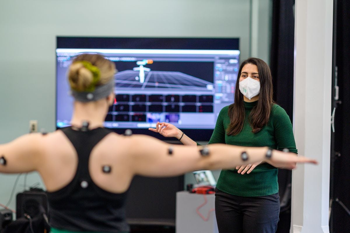In the Musculoskeletal Control and Dynamics Lab, Stevens professor Antonia Zaferiou works with a dancer to determine how sound-based biofeedback can improve balance and agility.