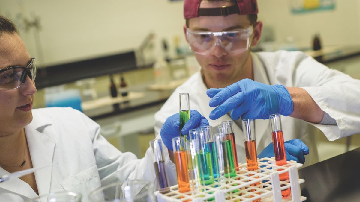 two students looking at colorful test tubes in a laboratory