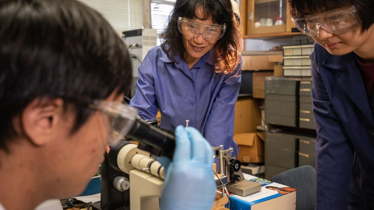 Hong Liang wears safety goggles and observes the students' work with a microscope