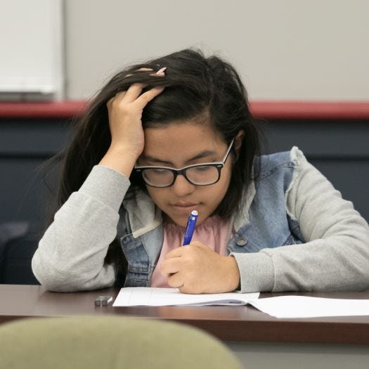 A young student concentrates as she works on a math problem