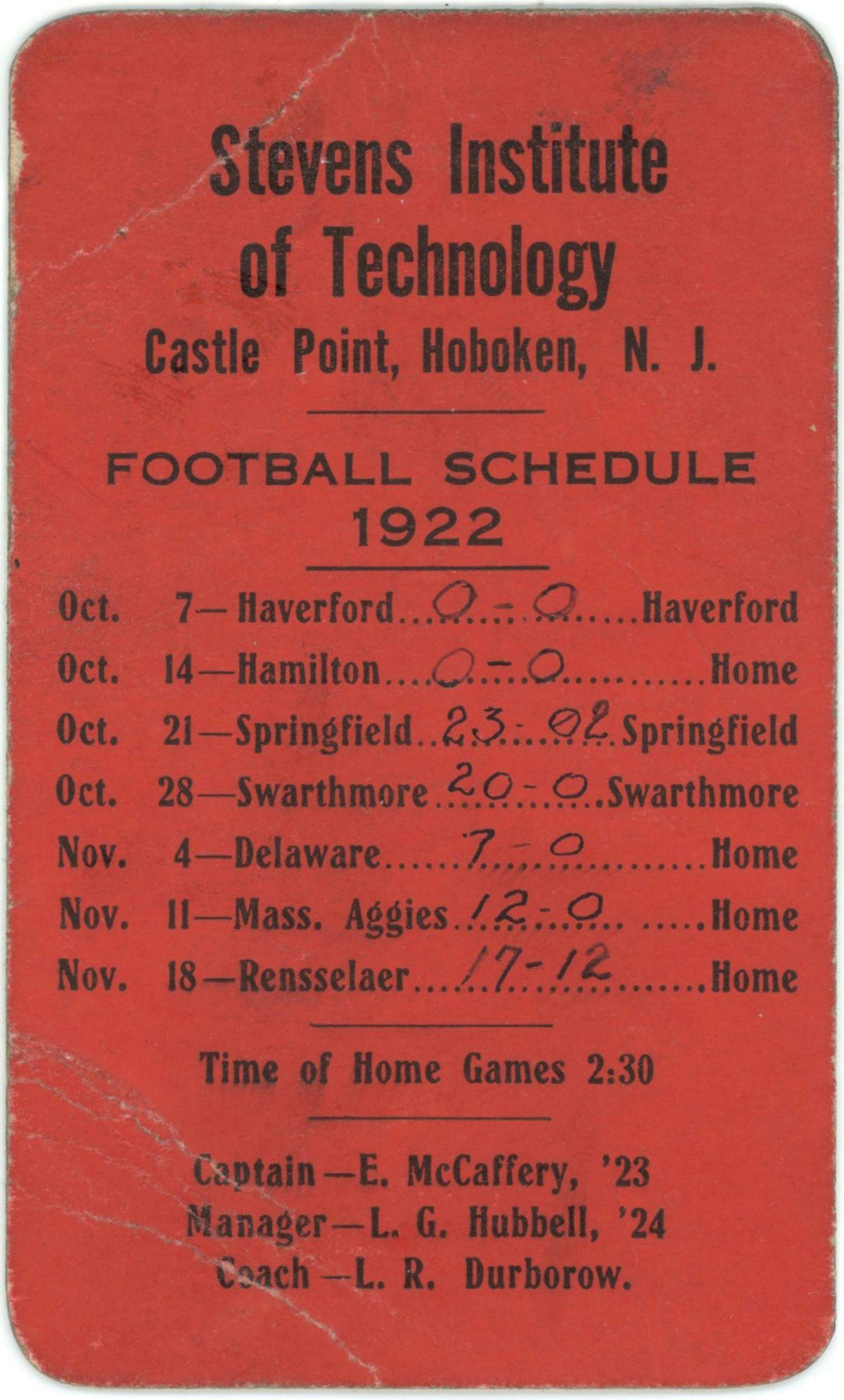 Stevens Football schedule from 1922.