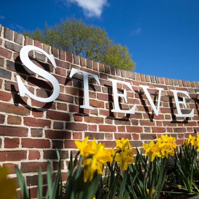 Stevens sign on brick with blue skies and yellow flowers