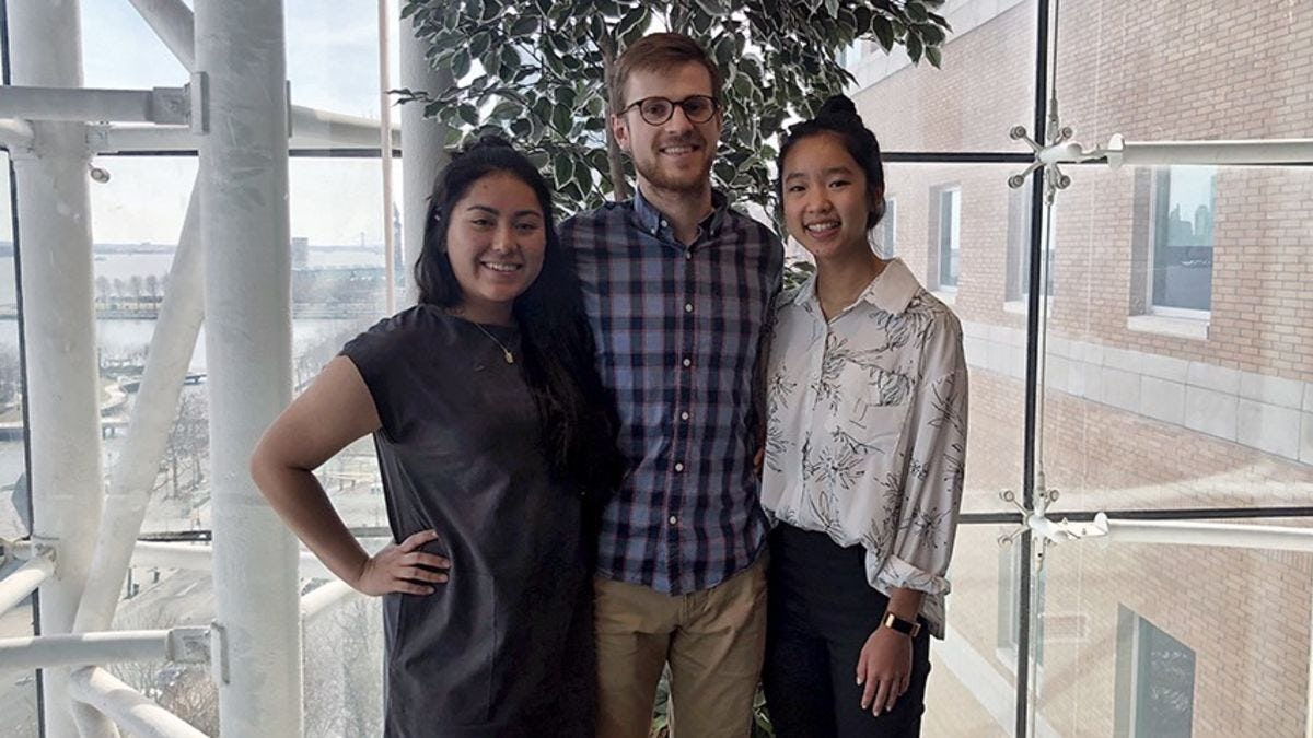 Photo of Stevens students Jane Castro, Brennan Casey, and Julia Yang in the Babbio Center.