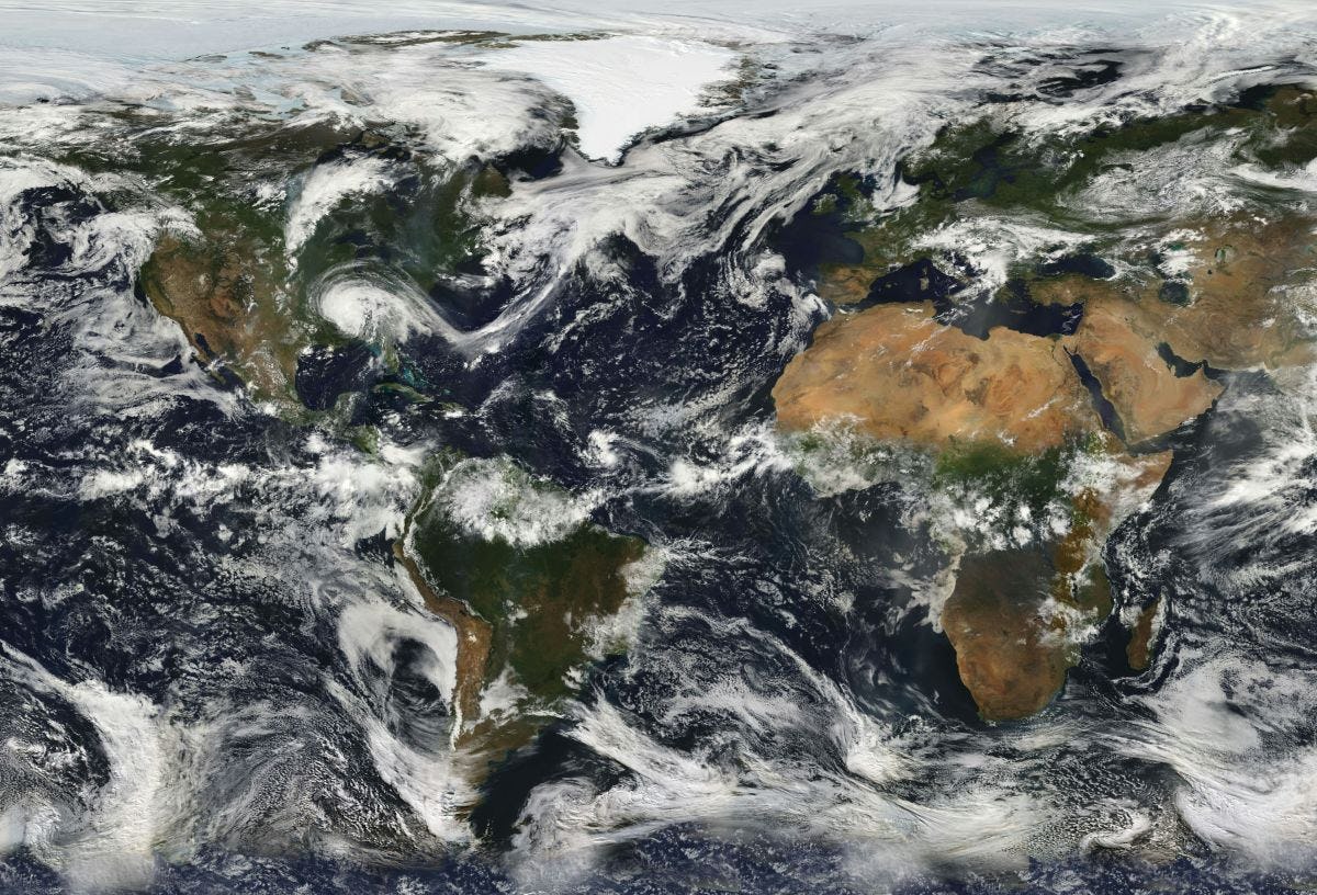 Rectangular satellite image of weather across entire Earth