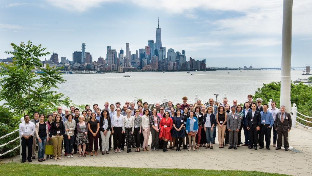 2017 Bacteria-Material Interactions Conference participants standing in front of the NYC skyline