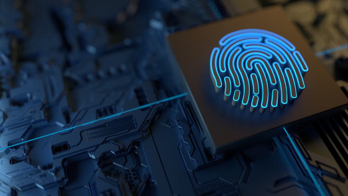 Thumb print on computer screen, signifying cybersecurity