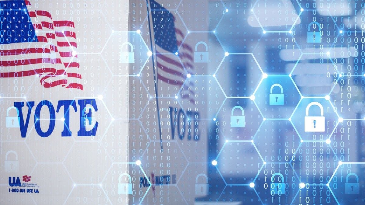 A "VOTE" sign with an American flag overlaid on digital code and security locks.