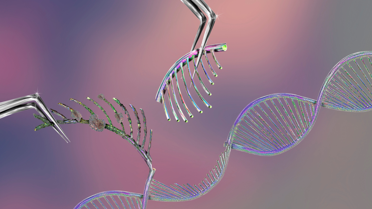 Illustration depicting gene editing: tweezers pulling out part of DNA strand with other tweezers holding a replacement for that part of the strand
