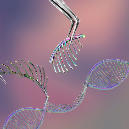 Illustration depicting gene editing: tweezers pulling out part of DNA strand with other tweezers holding a replacement for that part of the strand