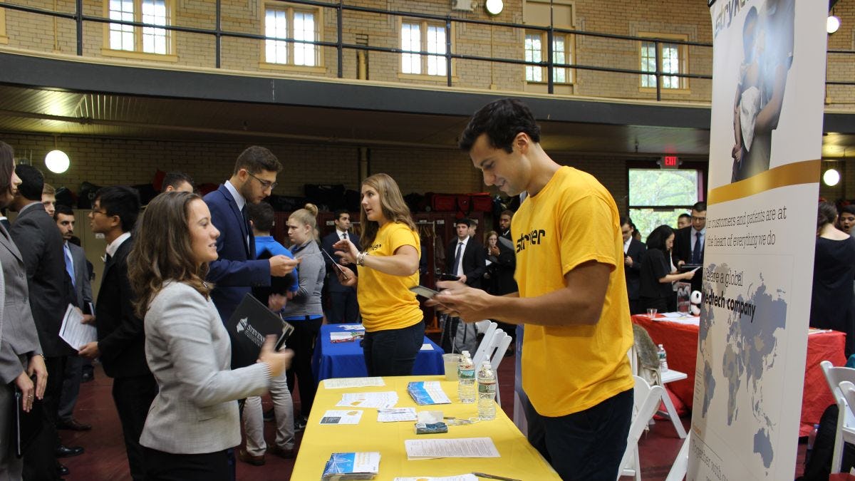 Inside Walker Gym, Stevens students meet and engage with recruiters during the fall 2018 internship fair.