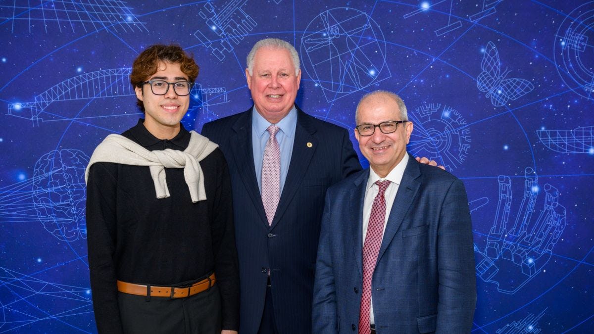 Posing for photo are The Albio B. Sires Scholarship recipient Jonathon Salmeron; Albio Sires, former Congressman and current West New York, New Jersey, mayor; and Stevens President Nariman Farvardin.