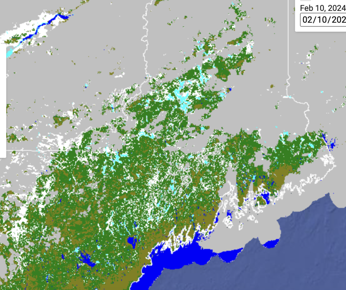 Stevens-enhanced satellite map of Maine in February 2024, with various colors indicating ice, water, land, clouds, etc.
